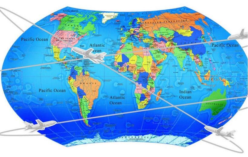 Planes flying around the globe. Globe with planes circling