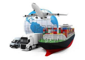 Globe behind a plane, container vessel, shipping and delivery trucks